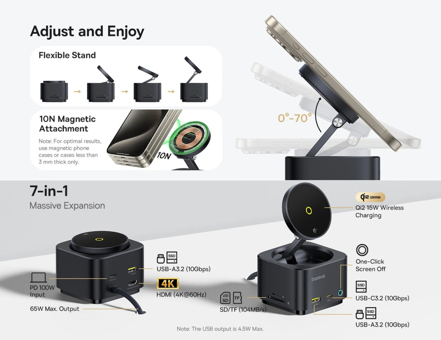 Multifunctional device with flexible stand and various attachments on a white background