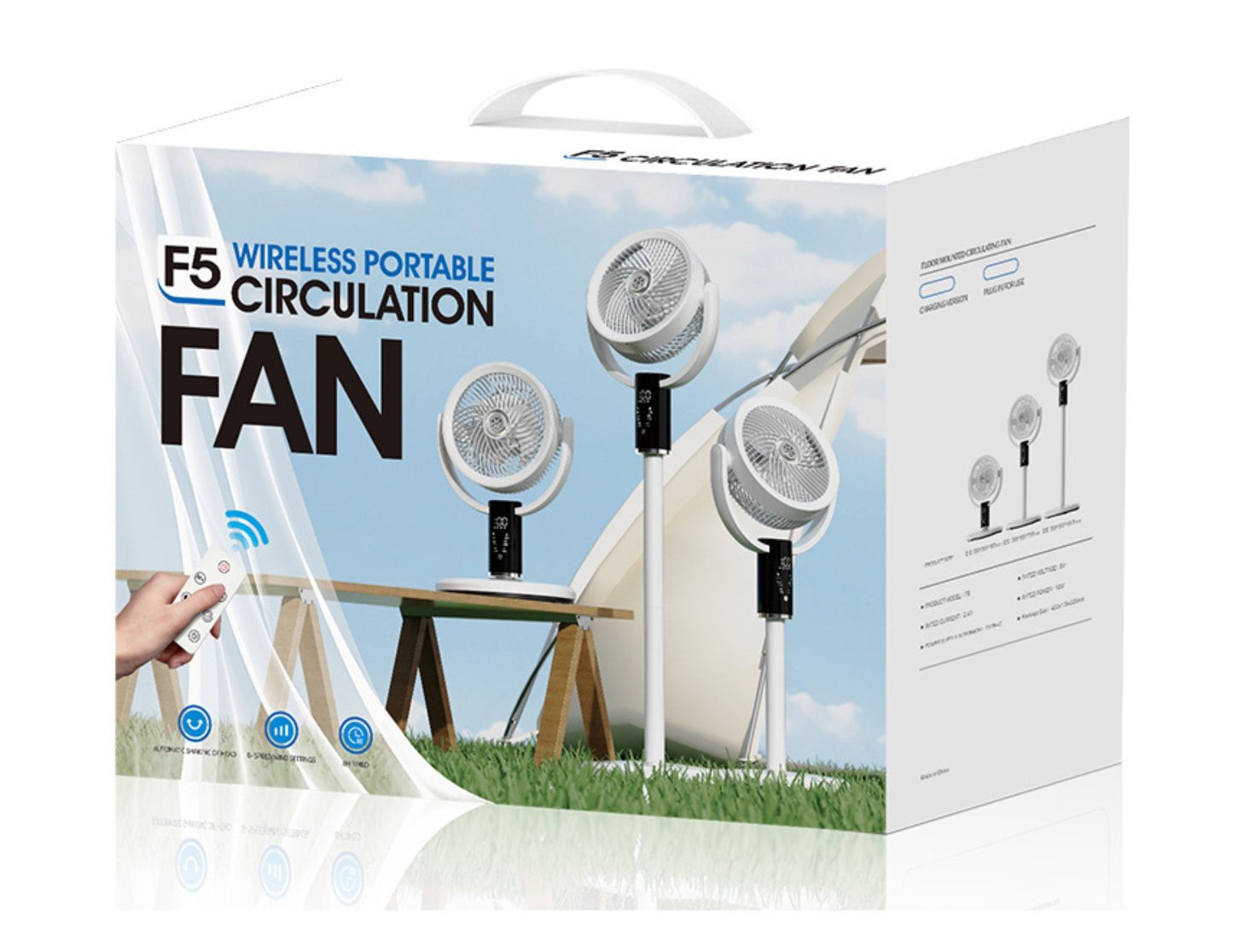 Box of a F5 Wireless Portable Circulation Fan with images of fans and a tent in the background.