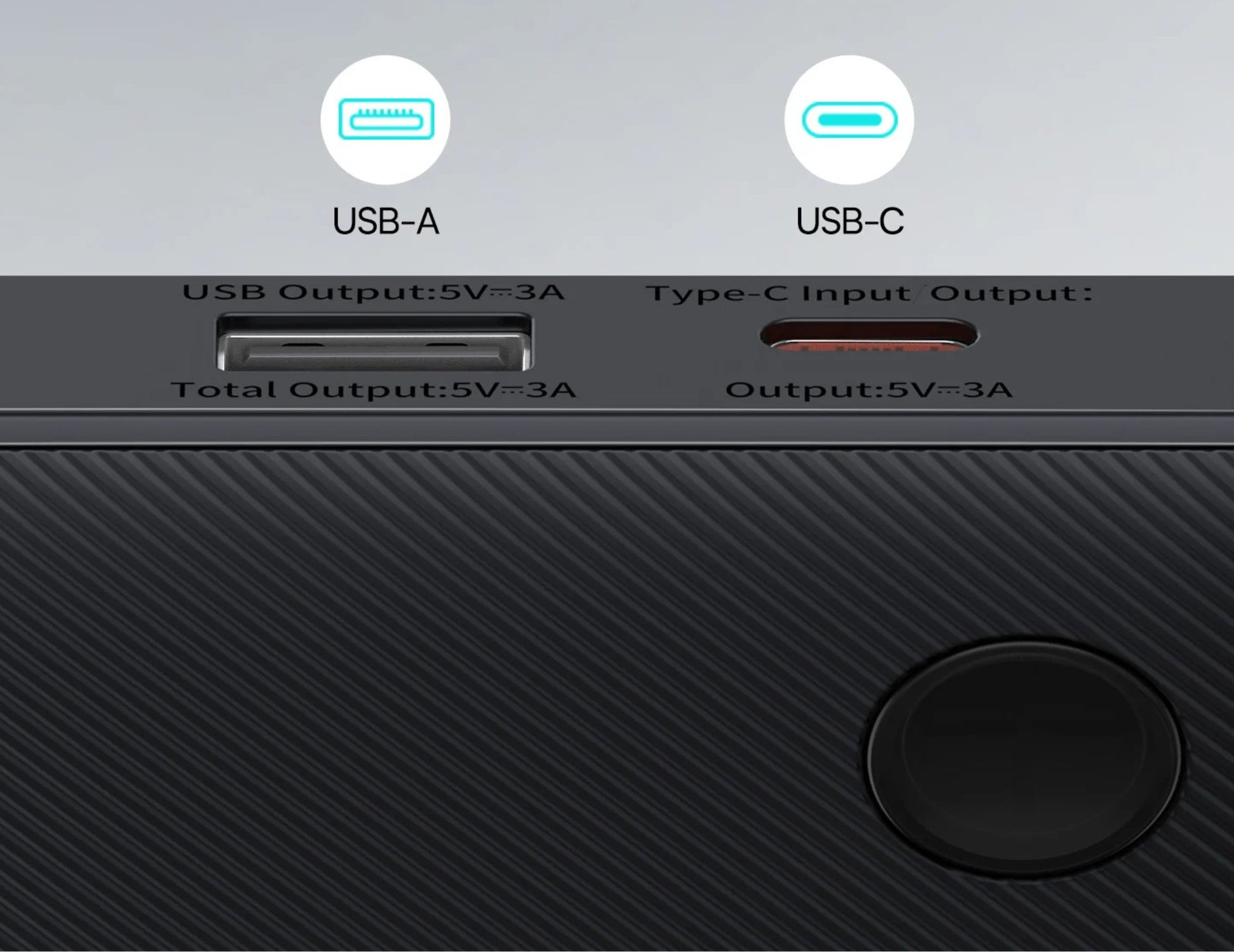 Close-up of a power adapter with USB-A and USB-C ports labeled.