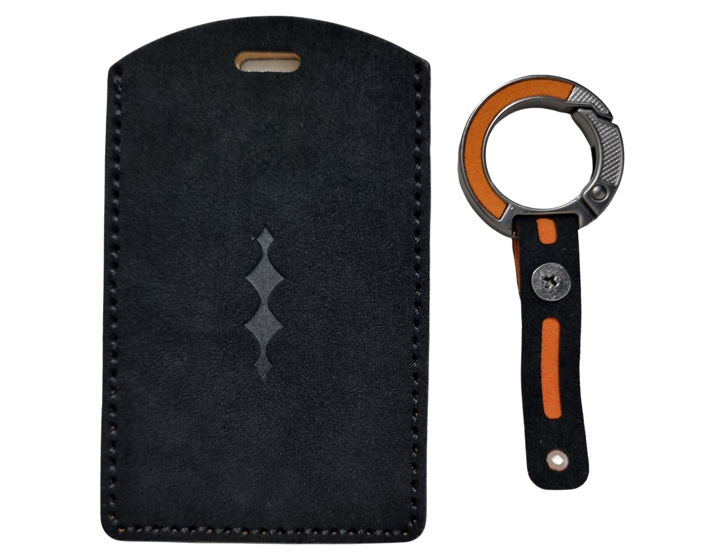 Black BYD Smart Card Cover – Alcantara Material with a keychain tool on a white background