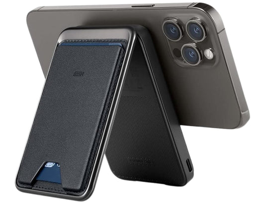 ESR HaloLock Power Bank Wallet 5000mAh with Stand – Black with a textured finish on a white background