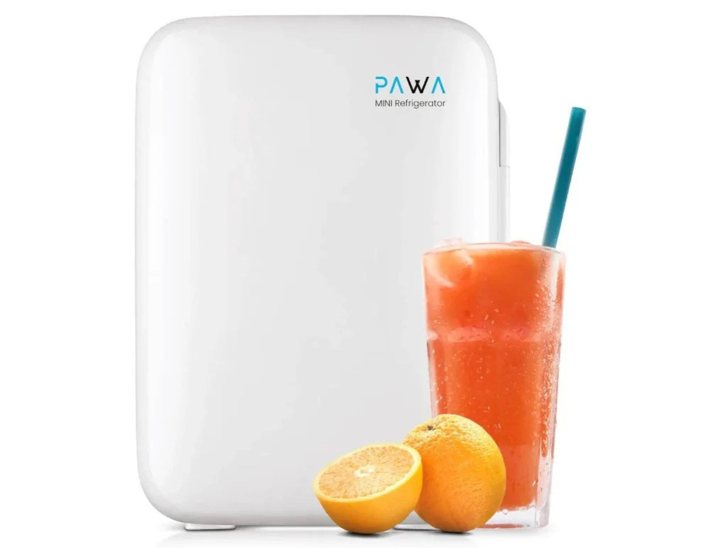 PAWA Mini Refrigerator 10L PW10LMR-WH with a glass of juice and oranges on a white background