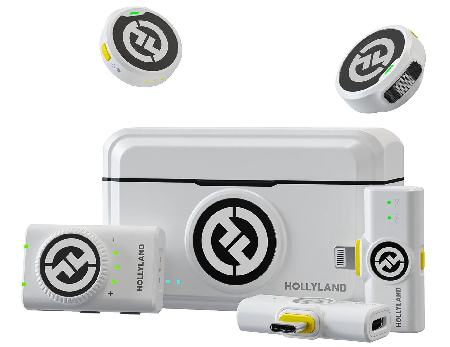 Hollyland Lark M2 Wireless Lavalier Microphone Combo with multiple components on a white background