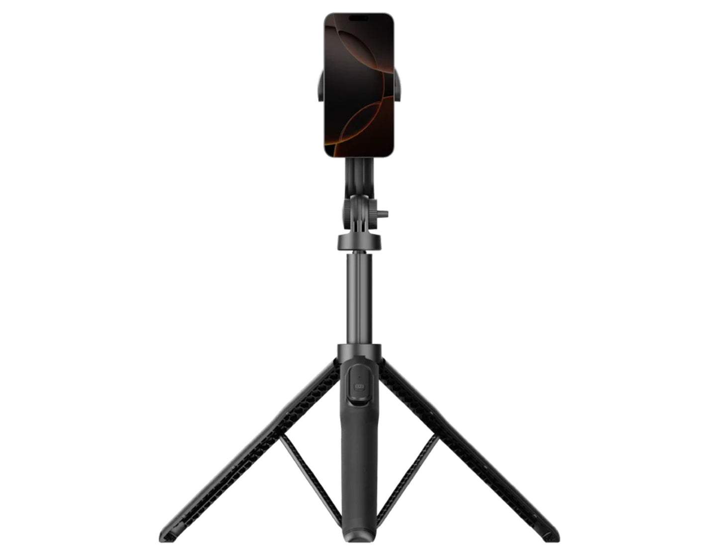 Black Momax 1-Snap Pole Magnetic Tripod Selfie Stick with Wireless Remote – KM17D with a phone on a white background