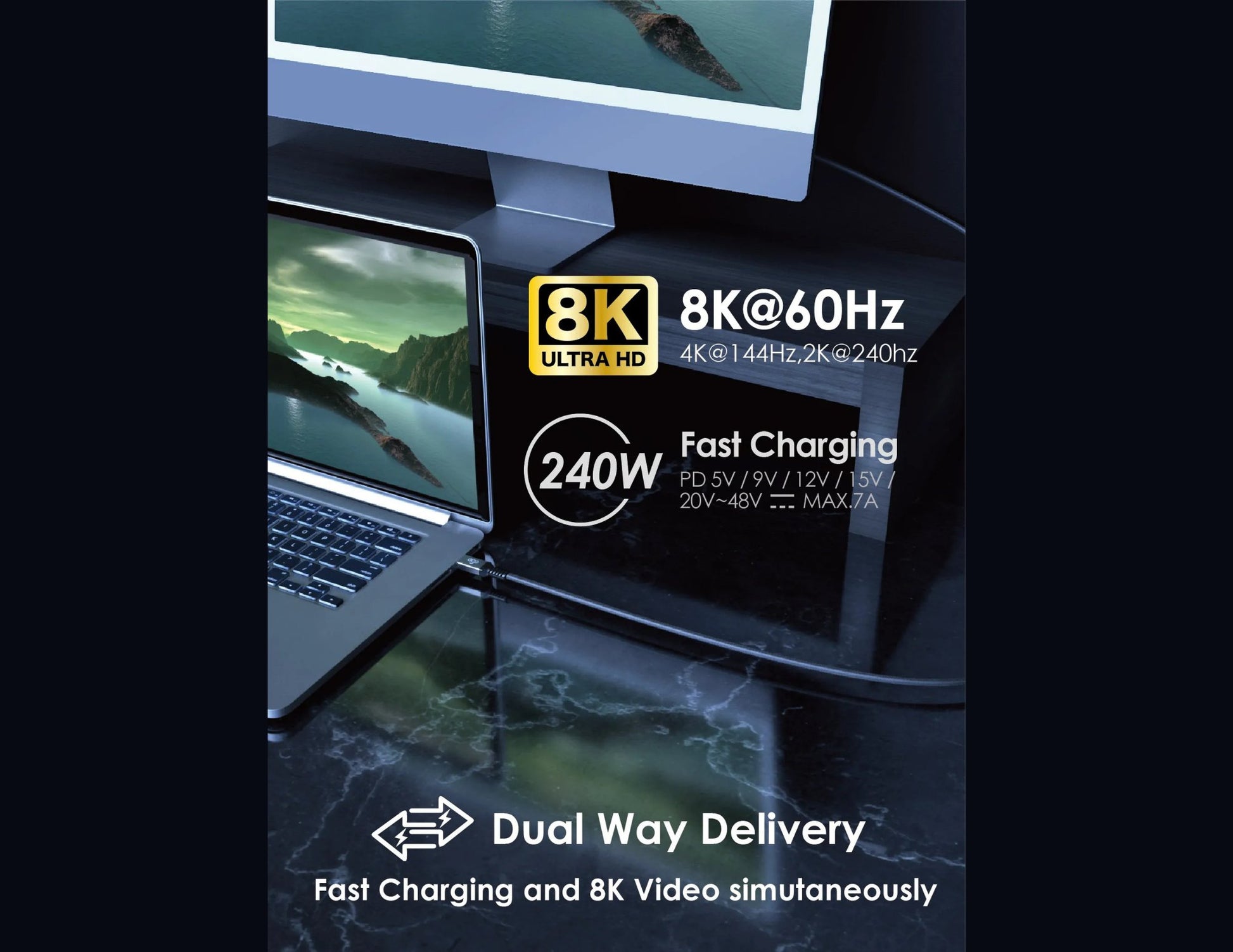 Laptop and monitor setup with 8K Ultra HD and fast charging features on a dark surface.