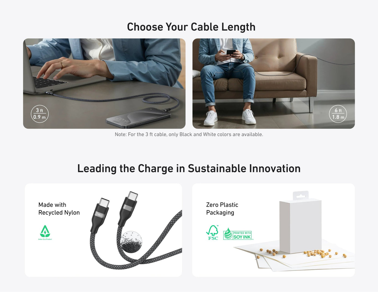 Product page for cable length selection with images of people using cables and sustainability features highlighted.