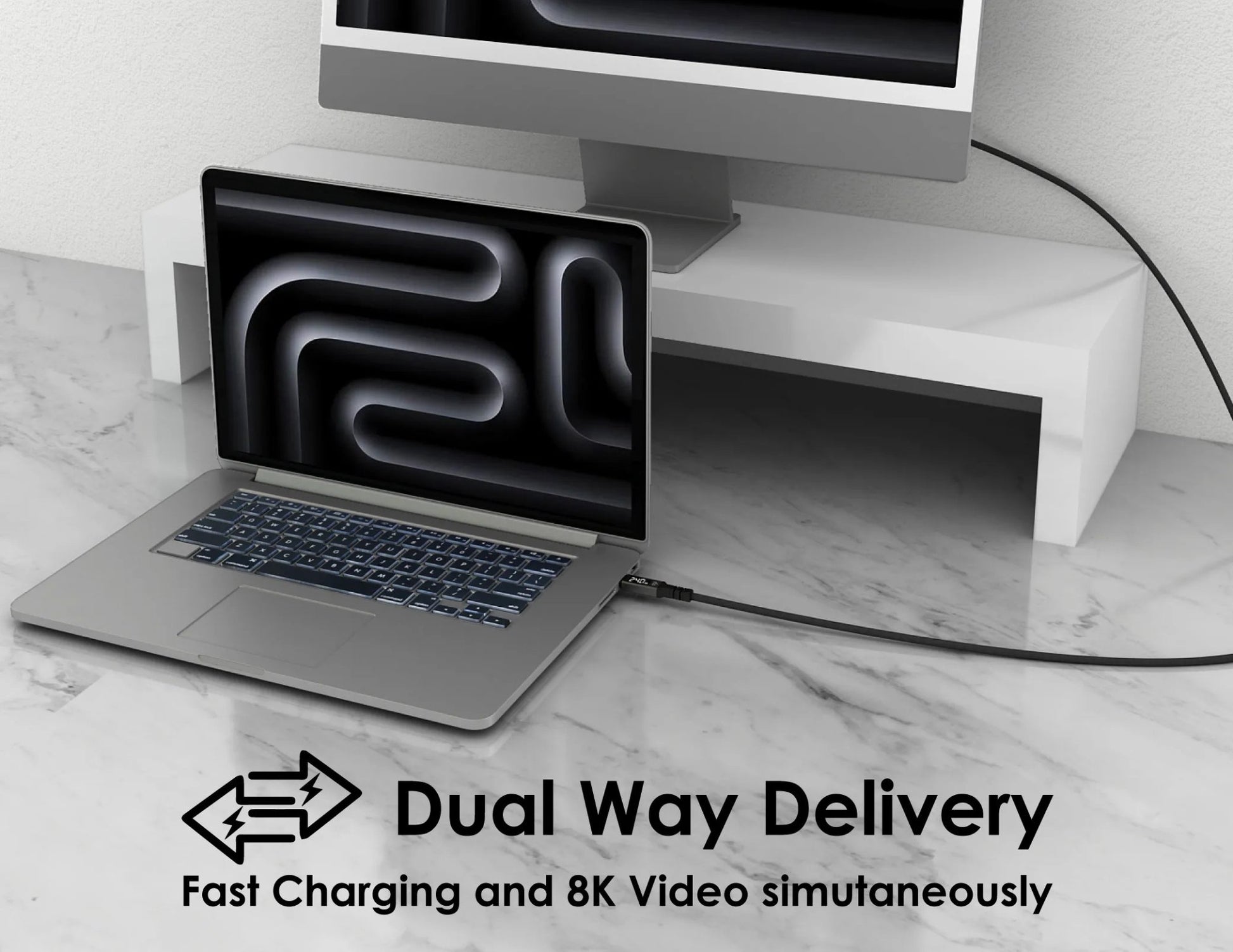 Laptop with dual display setup on a marble surface, featuring 'Dual Way Delivery' text.