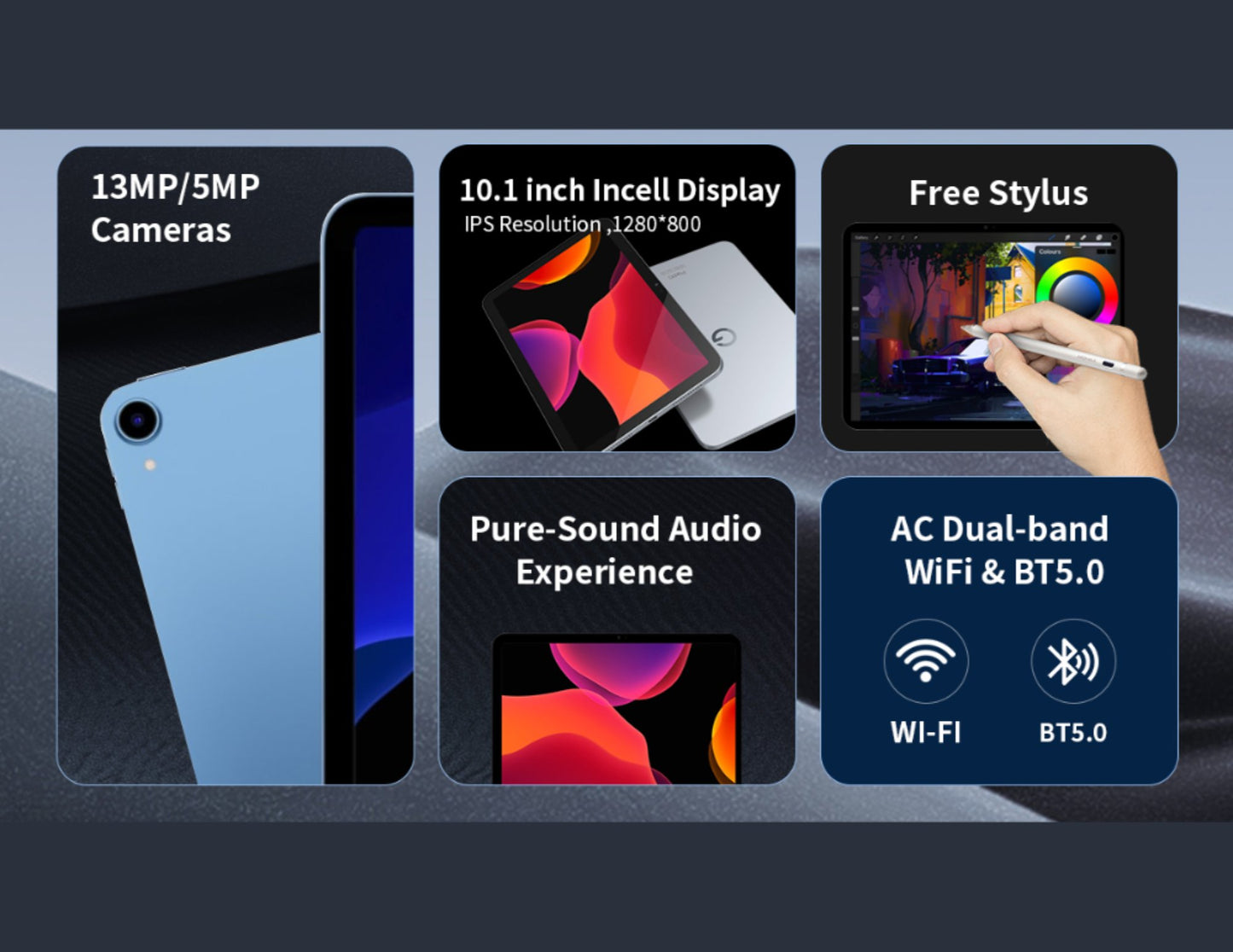 Product features including cameras, display, stylus, audio, and connectivity on a dark background.
