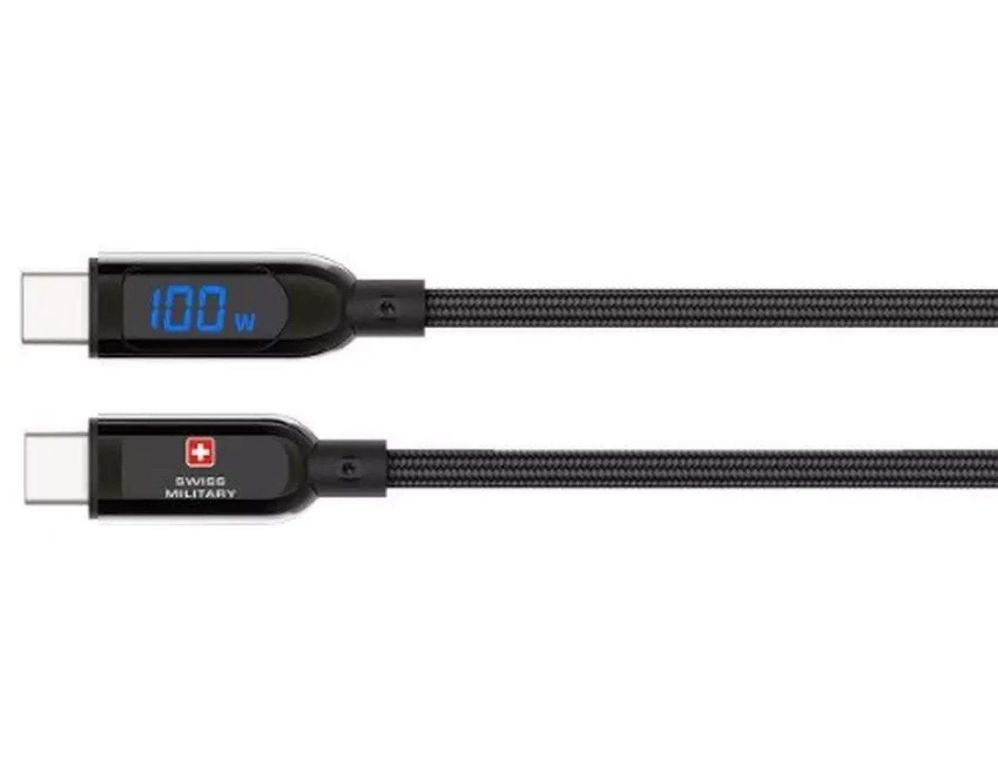 Black Swiss Military 1M USB-C to USB-C Cable 100W with LED Indicator – SM-CB-CC100WLED-1M on a white background