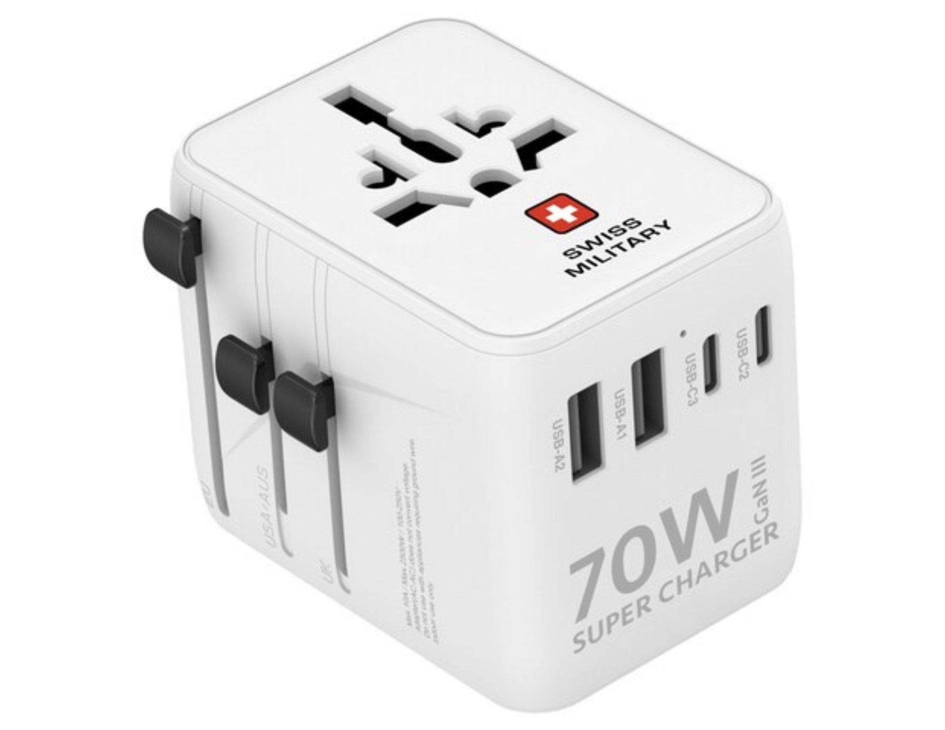 White Swiss Military 70W GaN III Travel Charger with 3 USB-C PD & 2 USB-A Ports + 1M USB-C Cable – SM-TC-70W-GaN-MINI-WLD-WHI on a white background