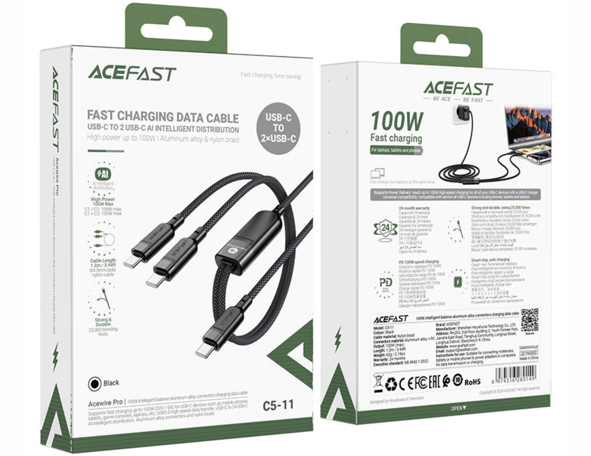 Two ACEFAST USB-C data cable packaging boxes on a white background