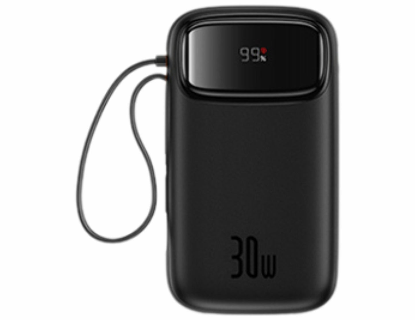 Black power bank with digital display on a white background