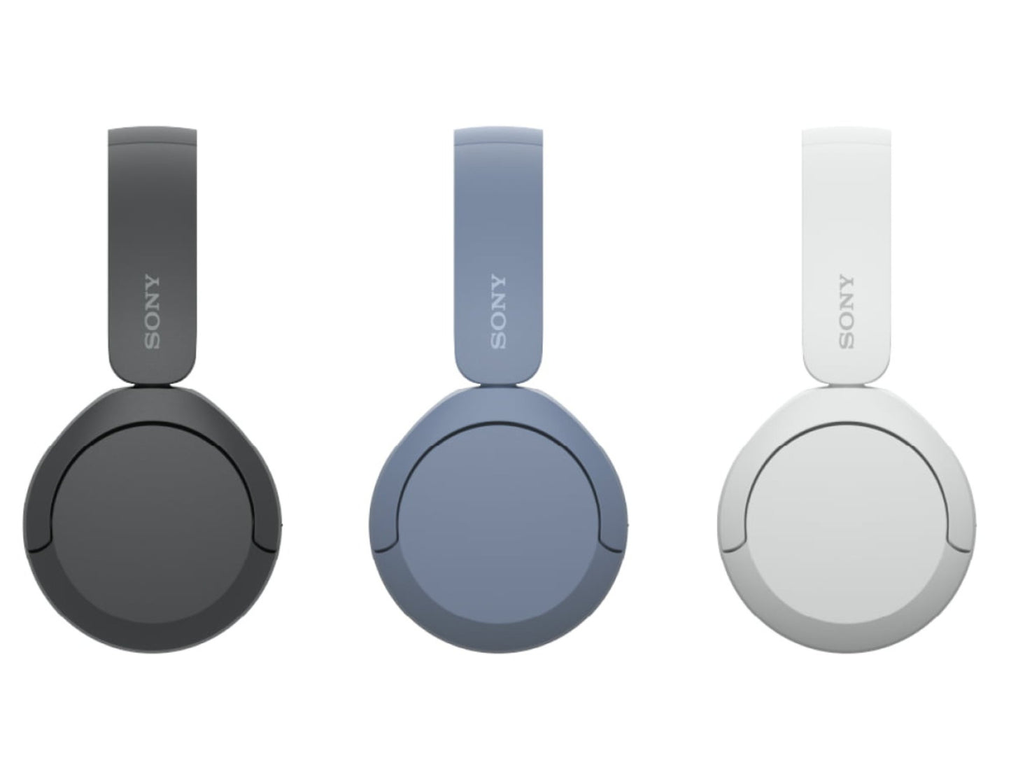 Three Sony headphones in black, blue, and white on a white background