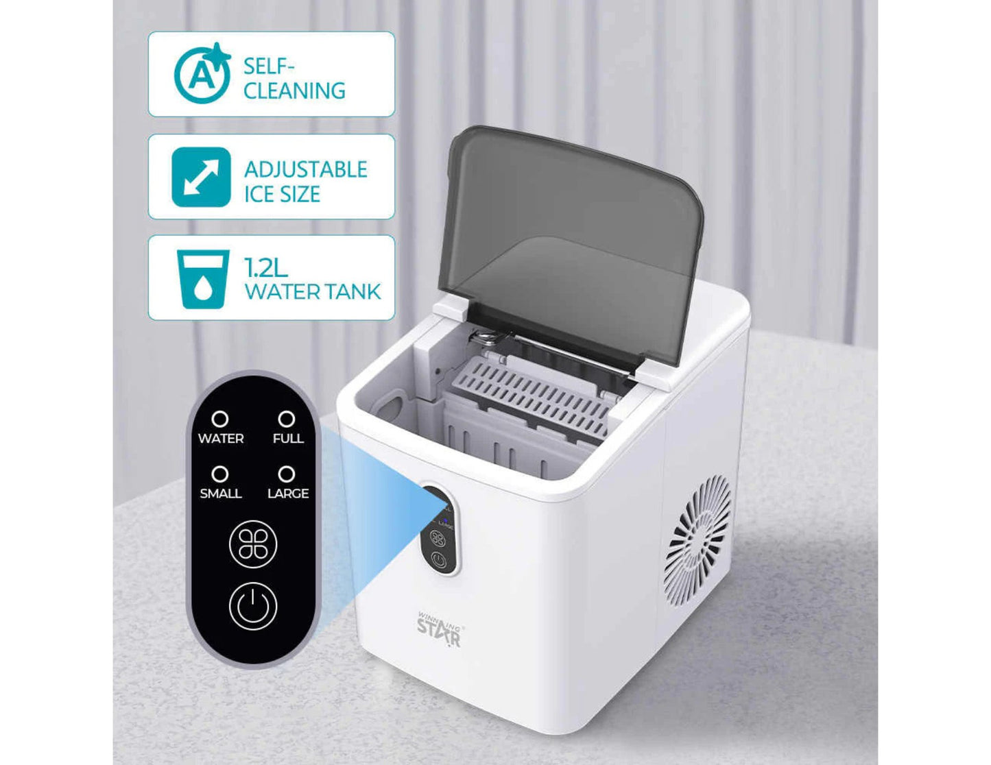 Winning Star Portable Ice Maker ST-9501 with features highlighted on a light gray background