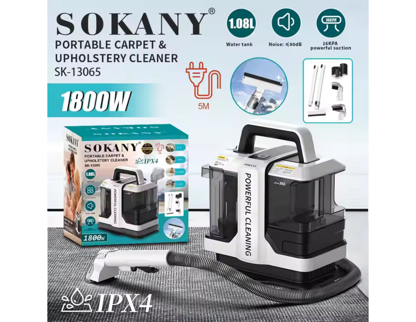 Sokany Portable Carpet & Upholstery Cleaner 1800W SK-13065 – 1.08L Water Tank, IPX4 Waterproof