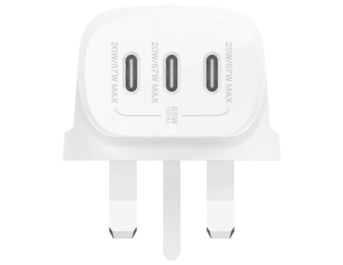 Belkin BoostCharge 3-Port USB-C® Wall Charger with PPS 67W + USB-C Cable – WCC002my2MWH-B6 with multiple ports on a white background