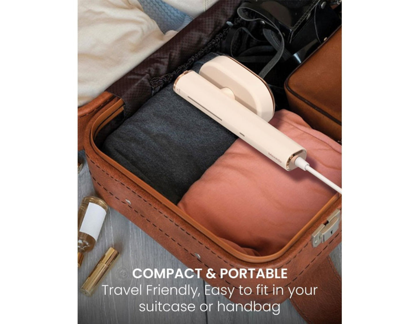 Moxedo 2-in-1 Dynamic Steam Flat Iron MX-DF1011 in a suitcase with text 'Compact & Portable, Travel Friendly'.