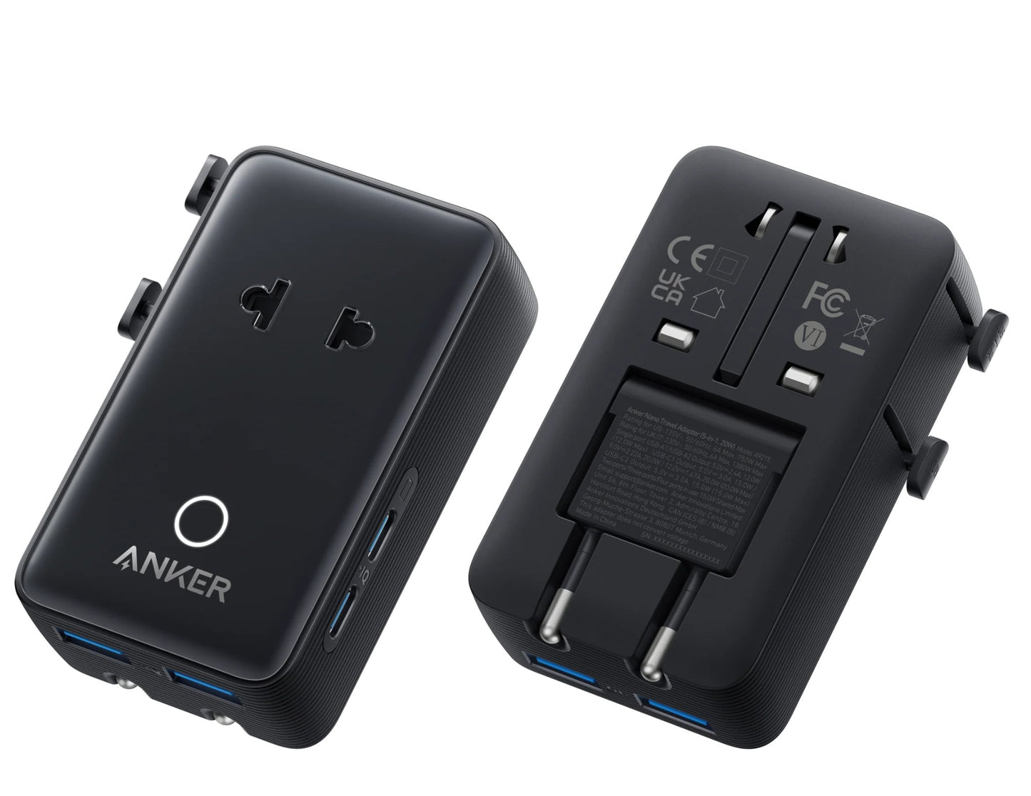 Black Anker Nano 5-in-1 20W Travel Adapter A9215311 with multiple ports on a white background