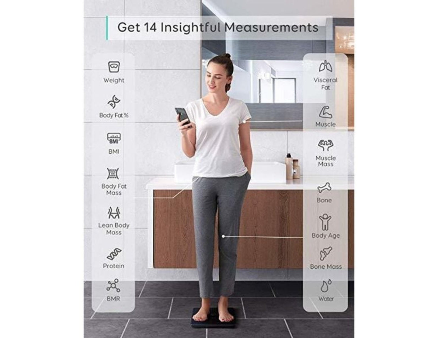 Woman using a smartphone on a smart scale with health measurement icons displayed.