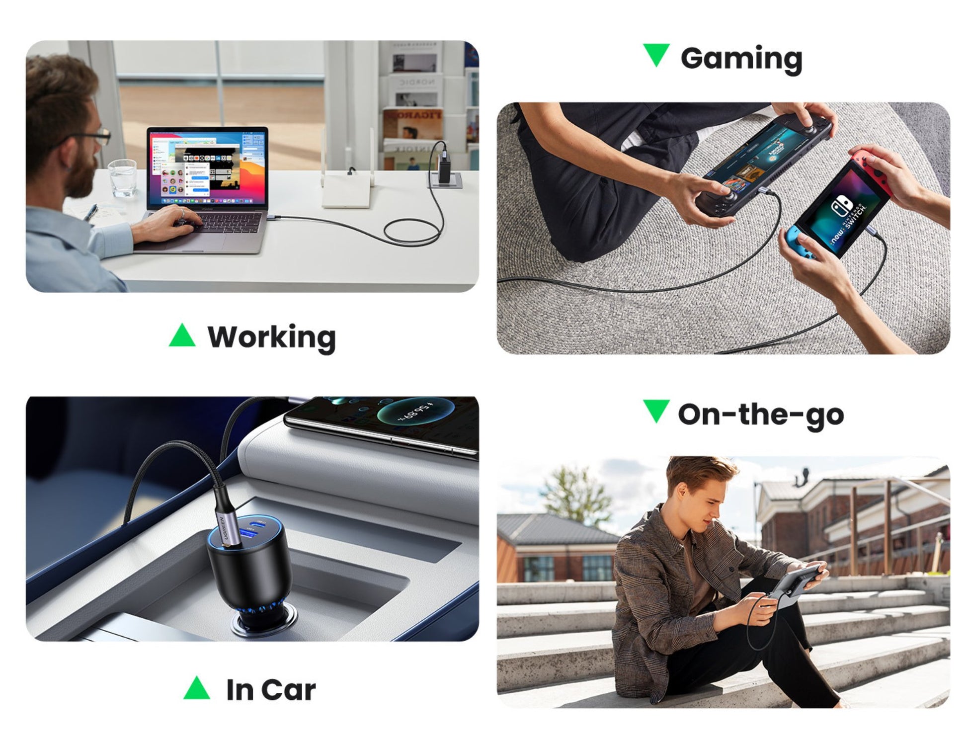 Collage of a person using UGREEN USB-C to USB-C PD Fast Charging Cable 60W 1M Braided Nylon – US261 in various settings with 'Gaming', 'Working', 'On-the-go', and 'In Car' labels.