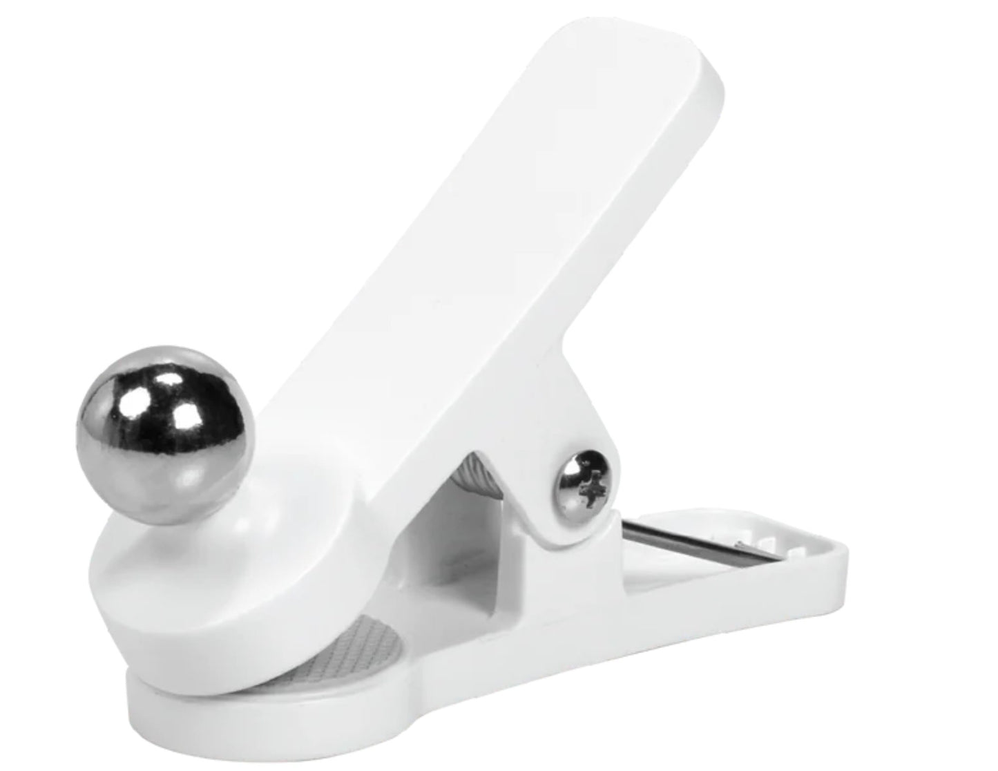 White metal clip with a silver ball on a white background