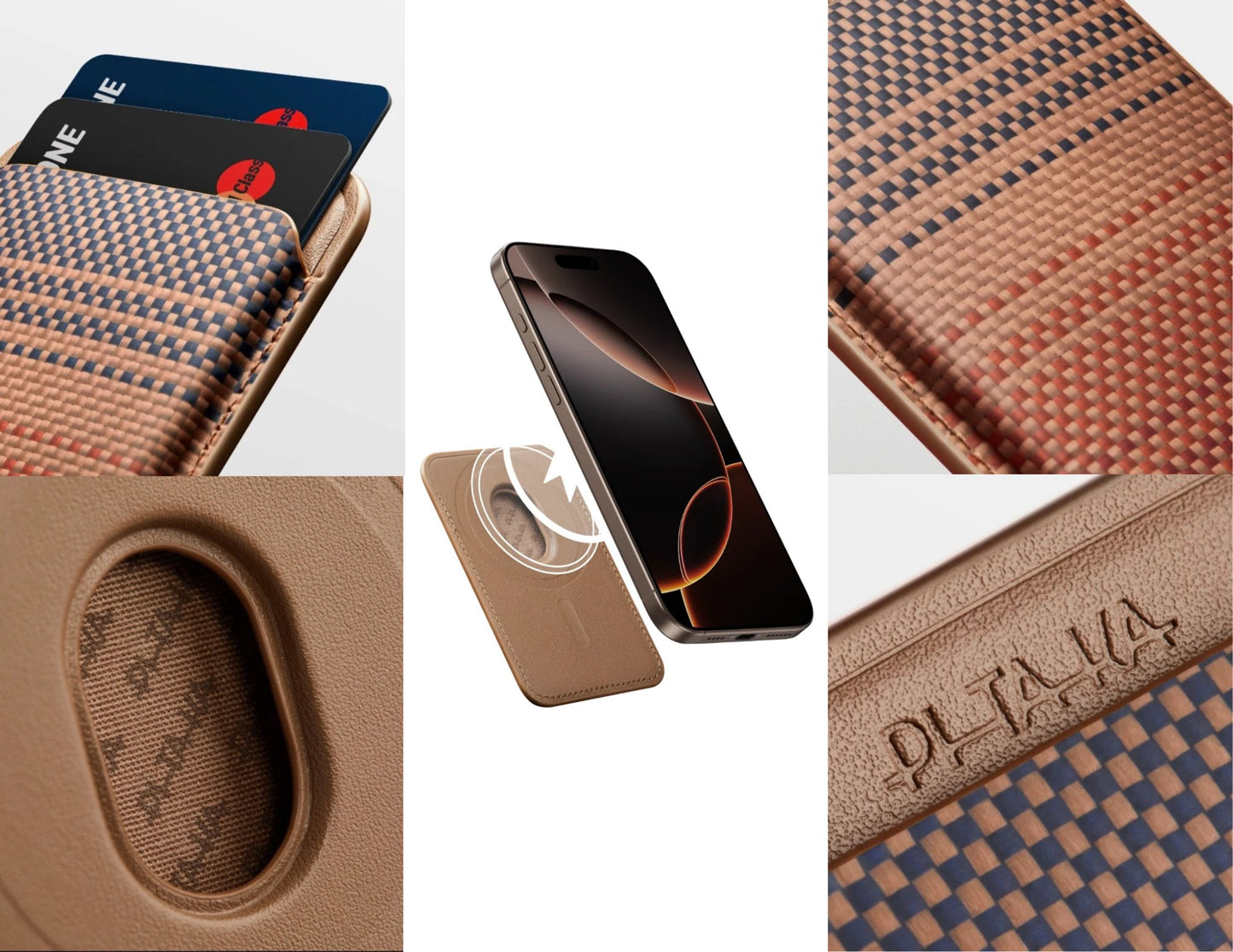 Collage of a Pitaka MagSafe Woven Wallet – Magsafe Compatible MWW240 and brand name on a textured surface.