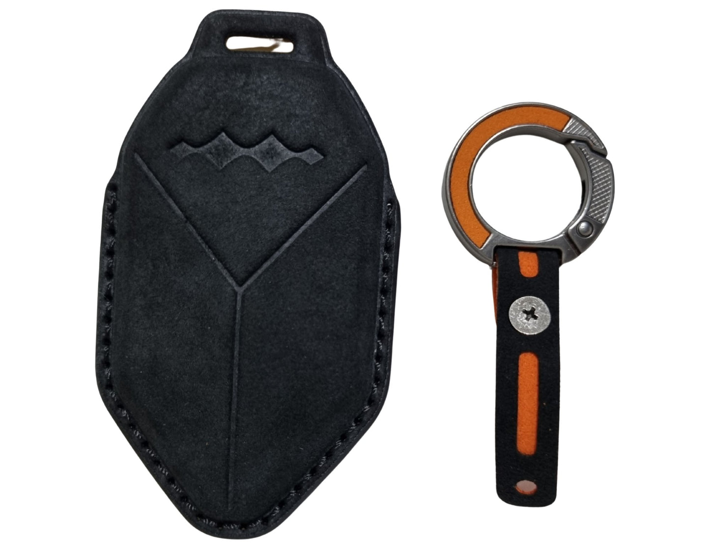 Black Car Key Cover for Leopard 8 – Alcantara and orange-handled tool on a white background