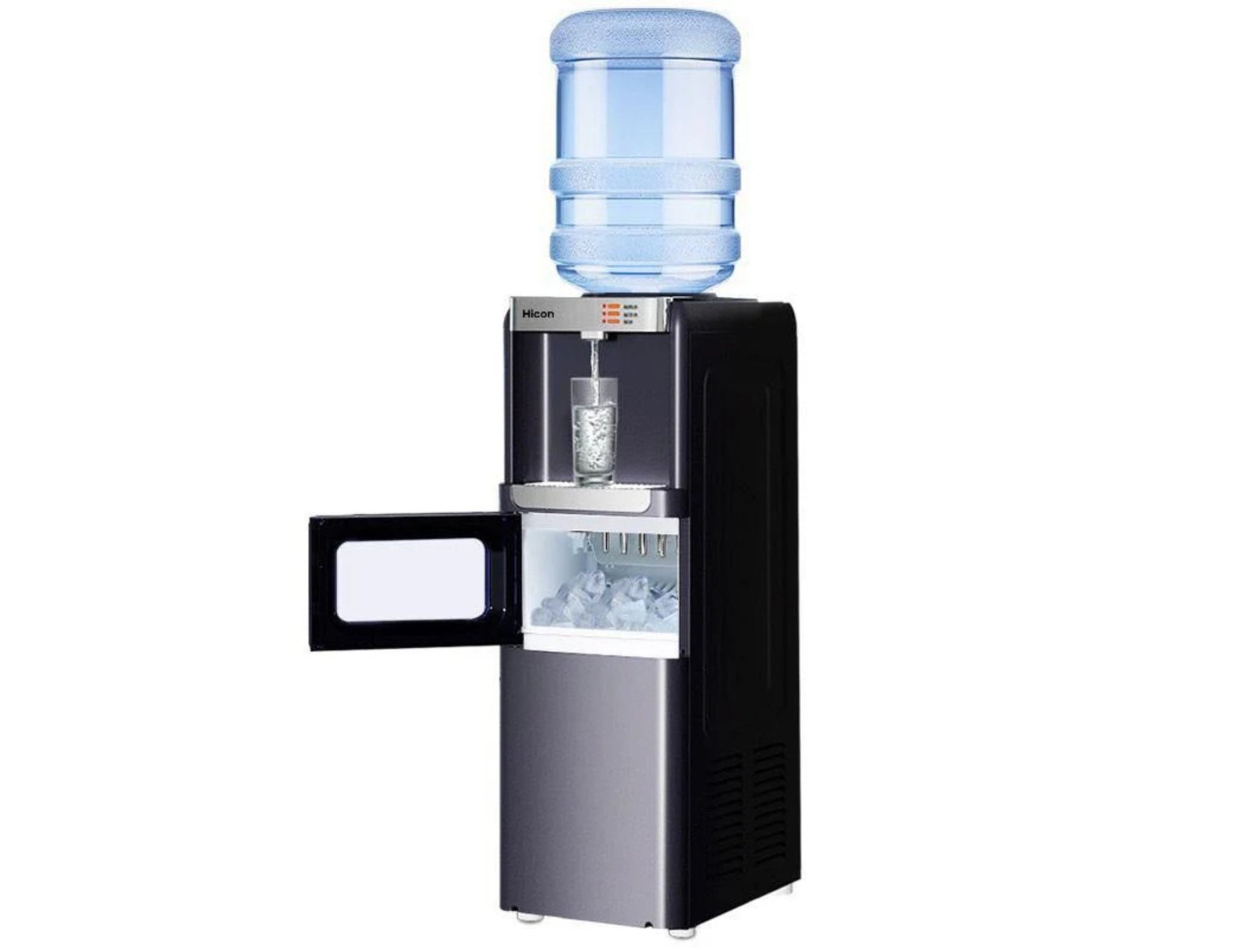 Top-loading water cooler with water bottle on a white background