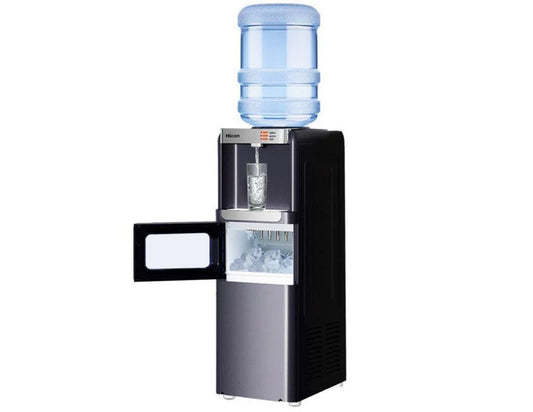 Top-loading water cooler with water bottle on a white background