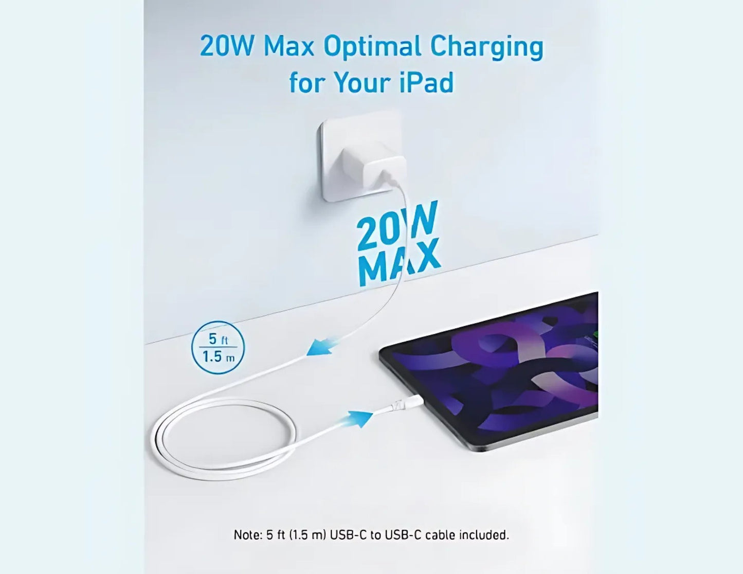 Charging cable with '20W Max' text for iPad on a light blue background