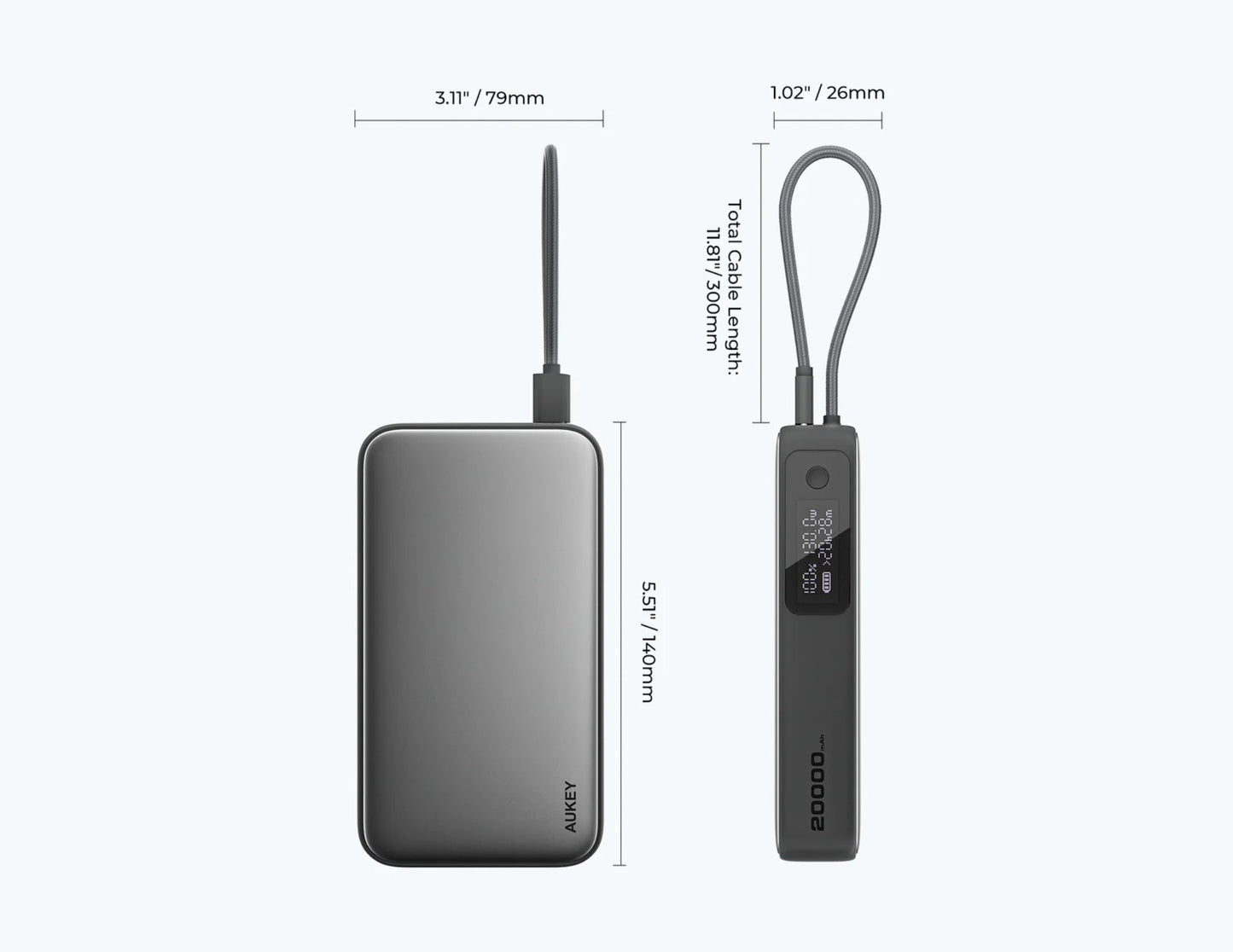 Aukey PB-Y43P Sprint X 130W PD 20000mAh Power Bank – Gray with measurement details on a white background