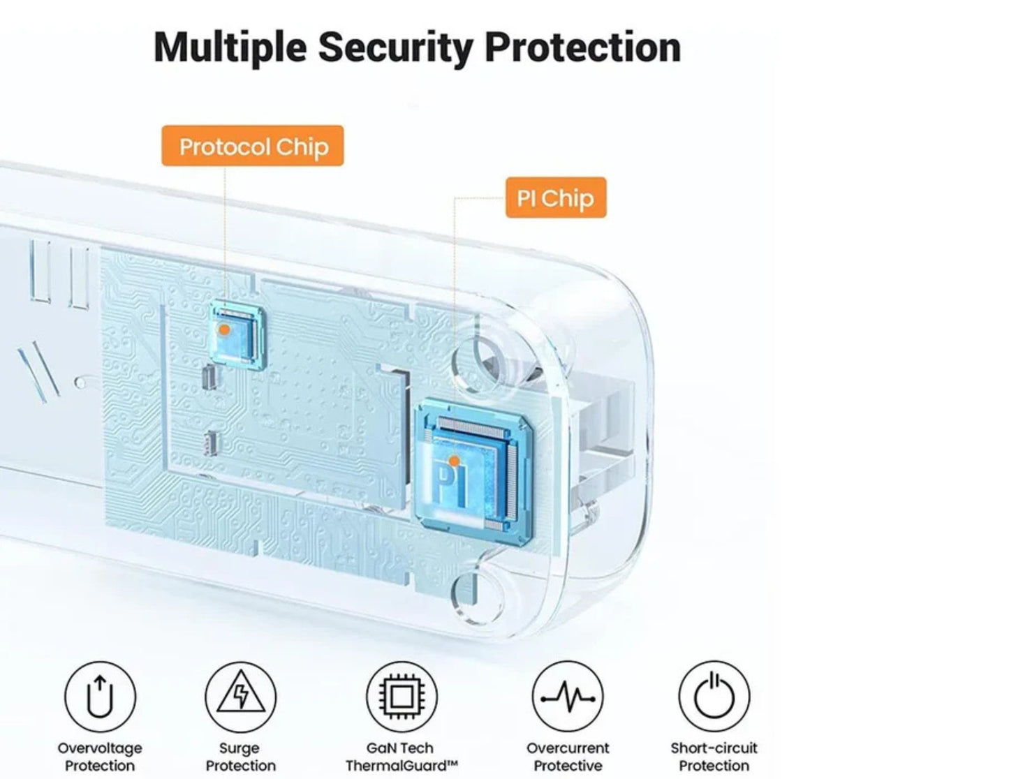 Electrical outlet with security features highlighted on a white background