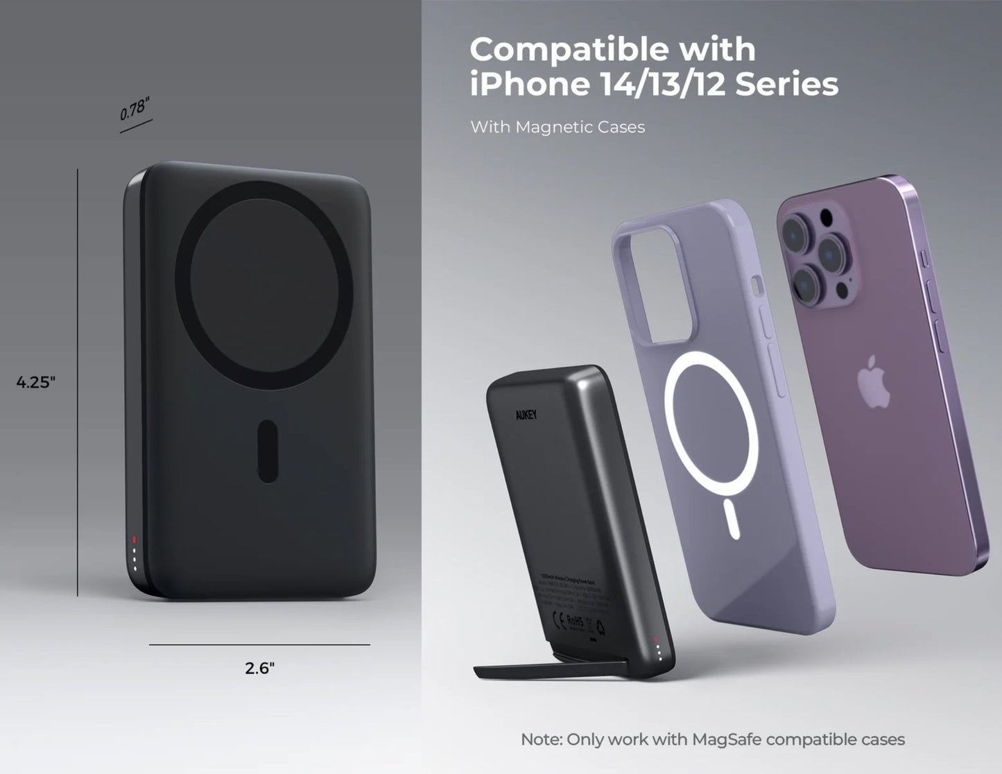 MagSafe charging case with iPhone 14/13/12 Series compatibility on a gray background