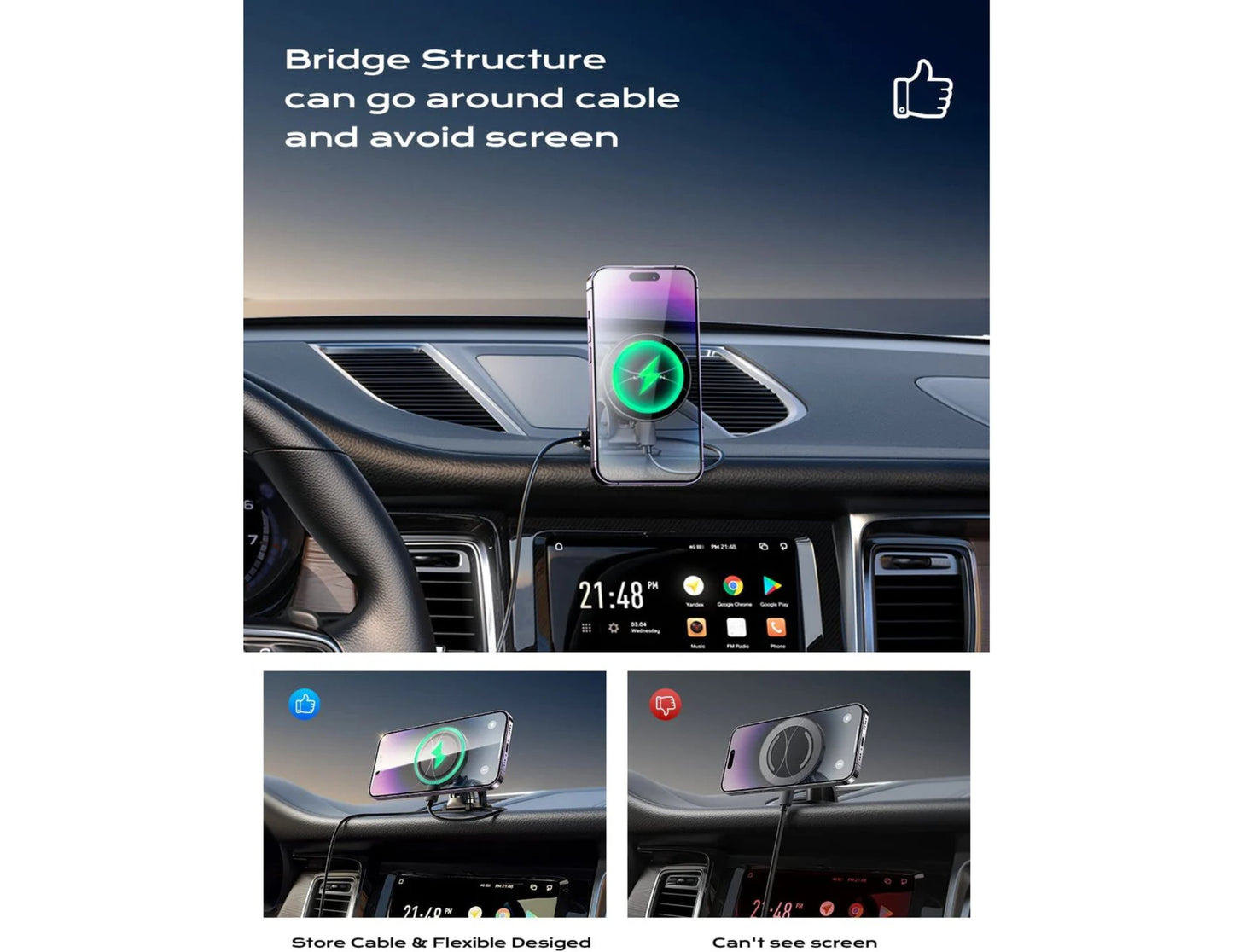 Car dashboard with a LISEN 15W MagSafe Car Magnetic Wireless Charging Stand with Dashboard & Vent Mount and cable management system, showing text about bridge structure and cable avoidance.