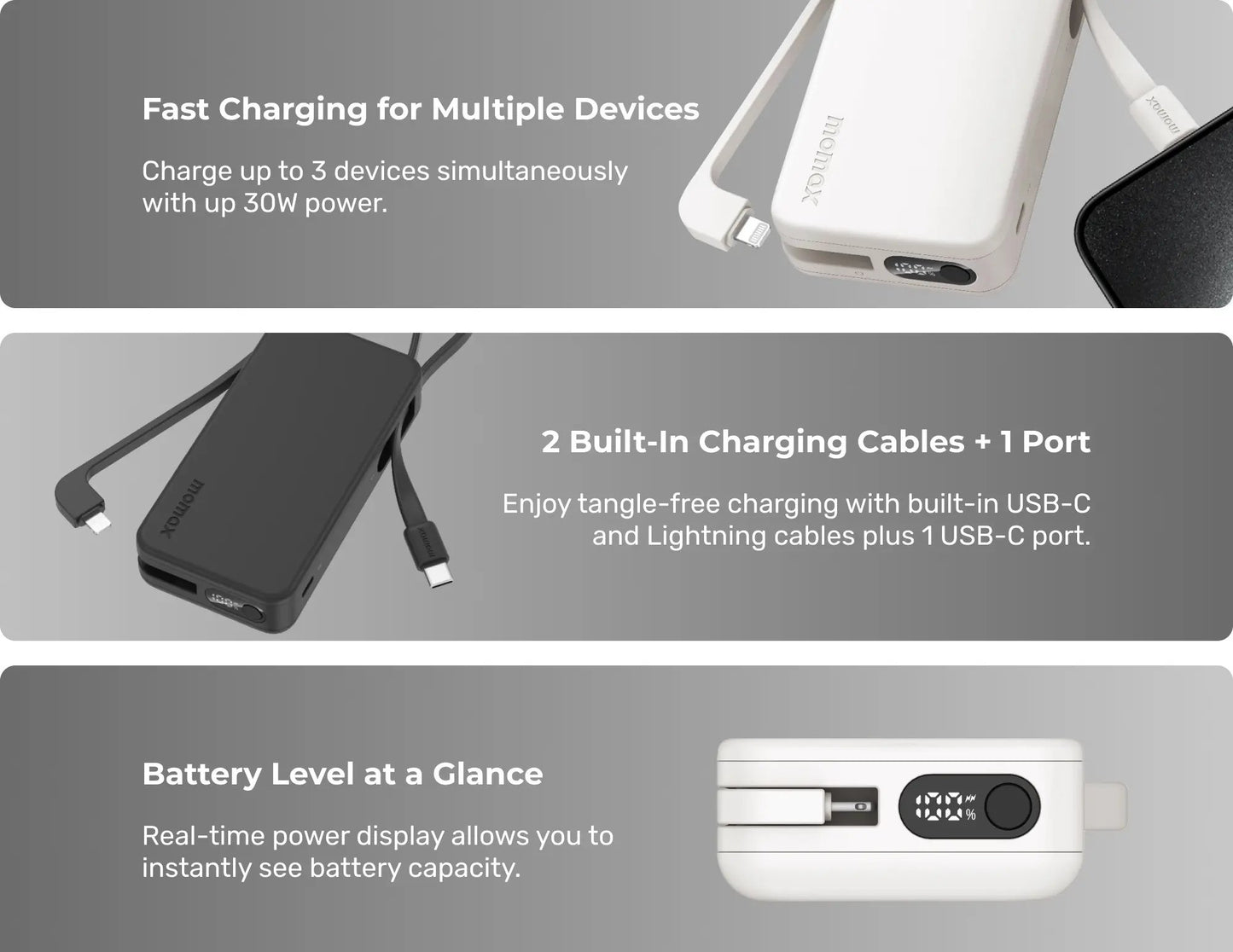 بنك طاقة موماكس 1-باور فيتال+ بسعة 10000 مللي أمبير/ساعة مع منفذ USB-C وLightning مدمج - IP138MFID / IP138MFIW