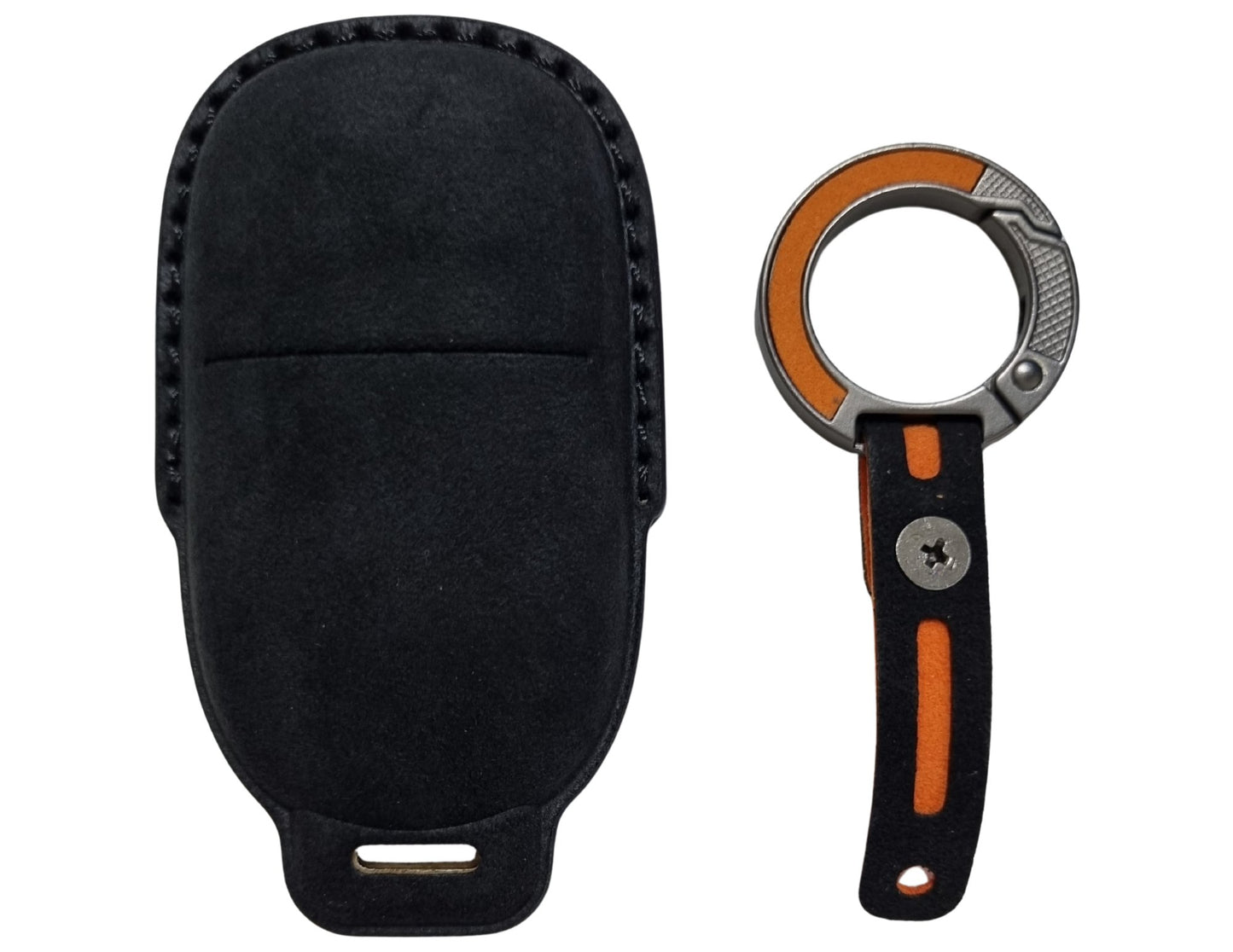 Black Car Key Cover for Rox 01 – Alcantara or Leather on a white background