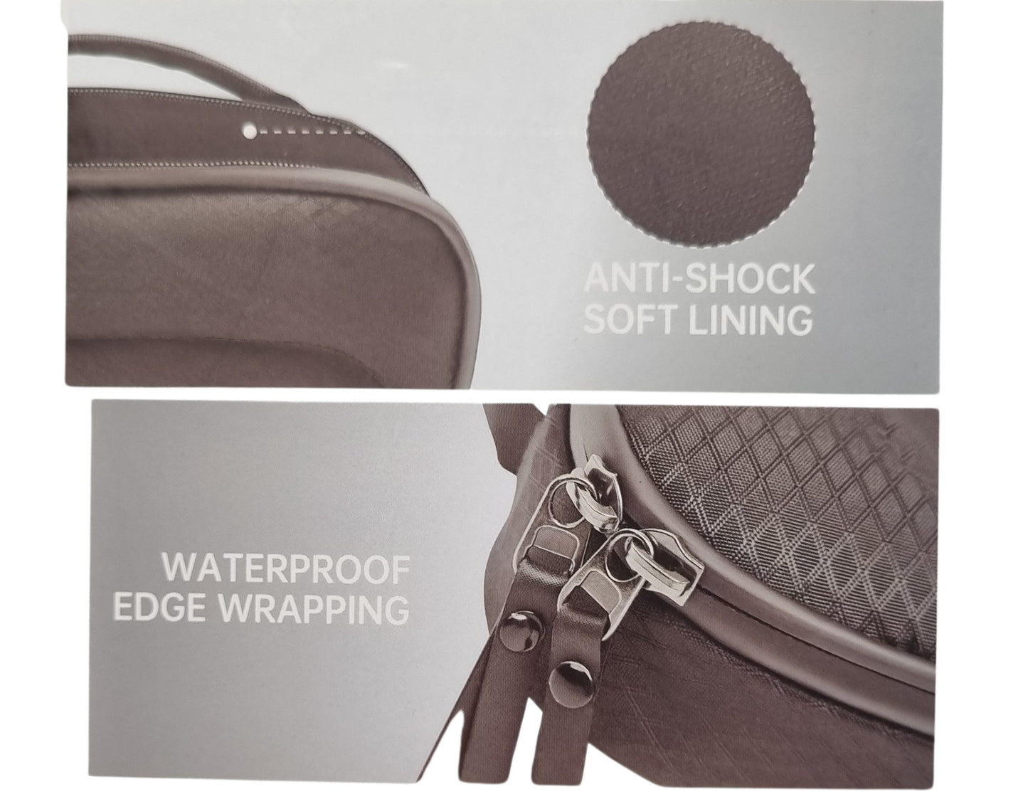 Product packaging with anti-shock soft lining and waterproof edge wrapping text on a gray background.