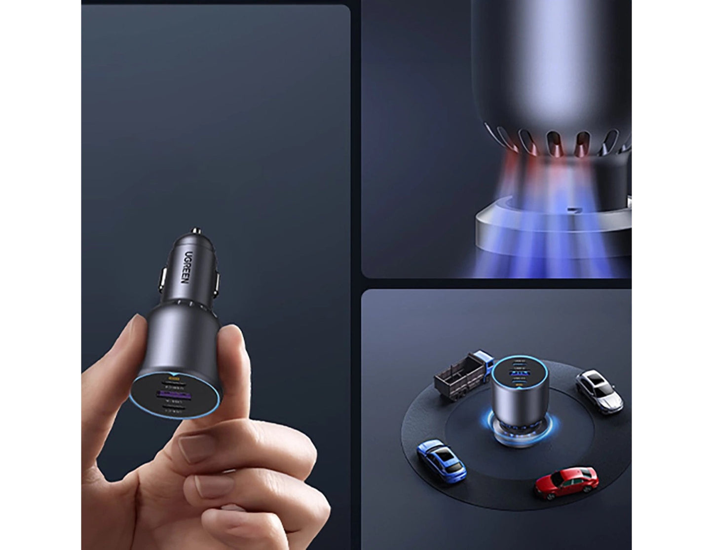 Car charger with a hand holding it, close-up of the device, and a diagram showing its use.