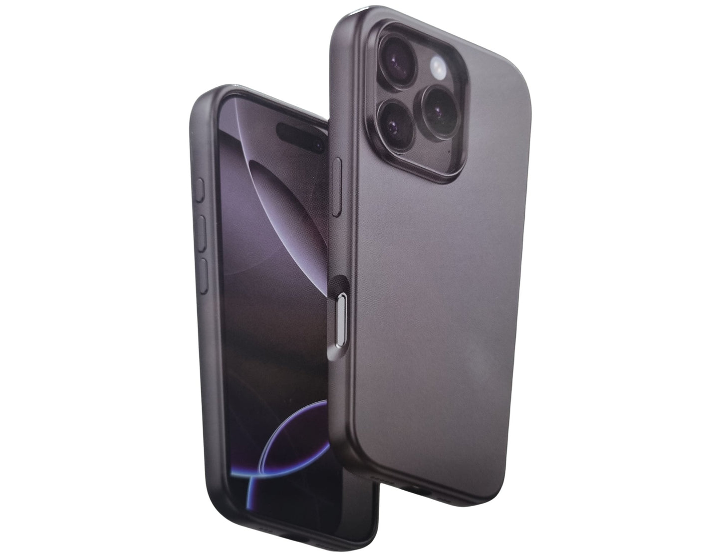 Black phone case with a reflective surface on a white background