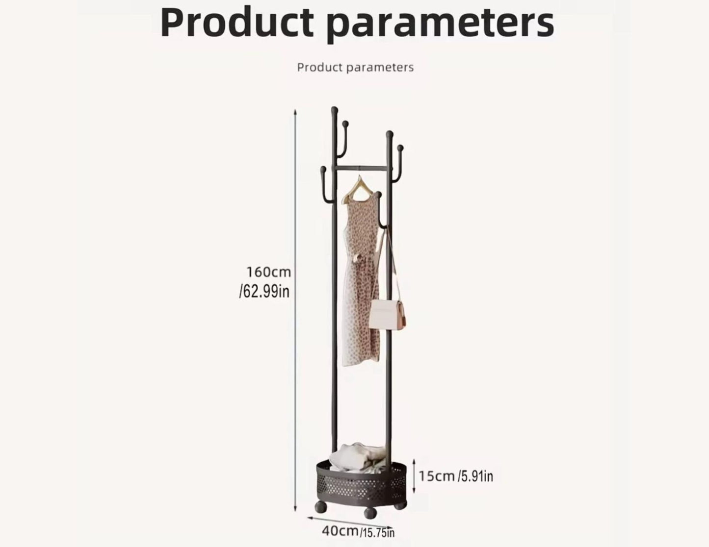 Black coat rack with dimensions labeled on a white background