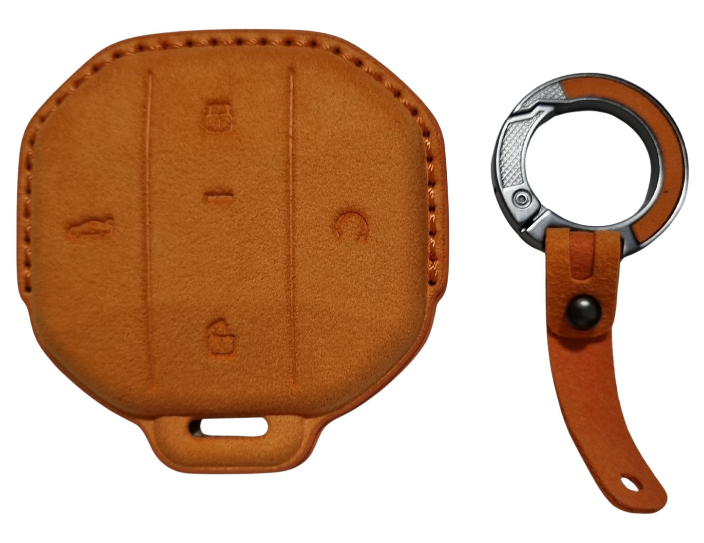 Brown Jetour Hybrid Car Key Cover – Alcantara / Leather Finish and keychain on a white background