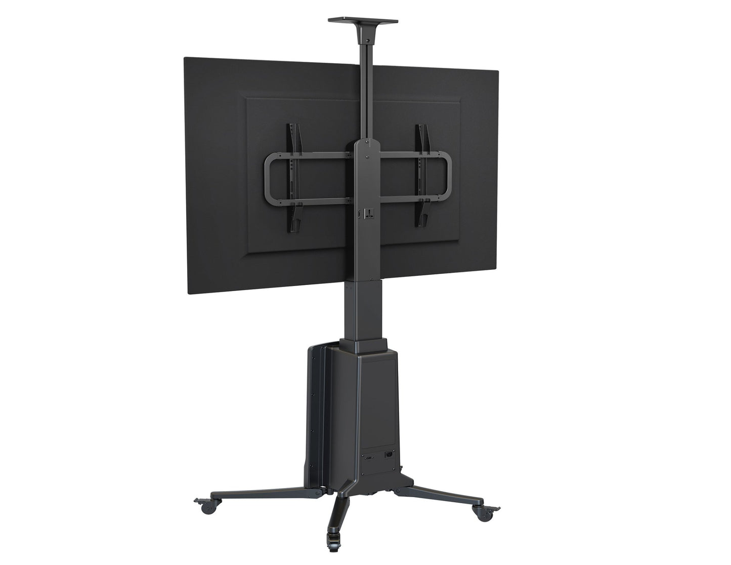 Black TV stand with a flat-screen TV on a white background