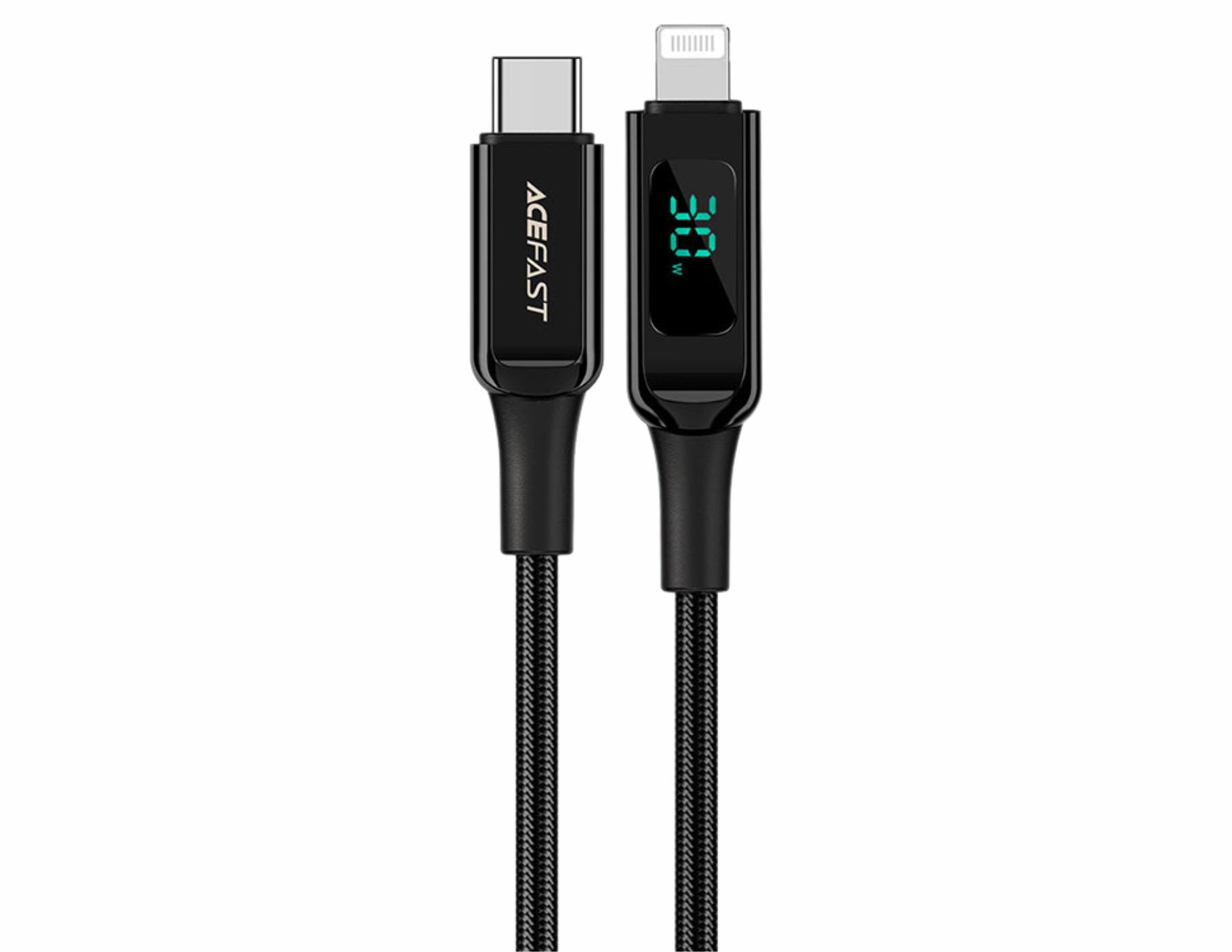 Black charging cable with digital display on a white background
