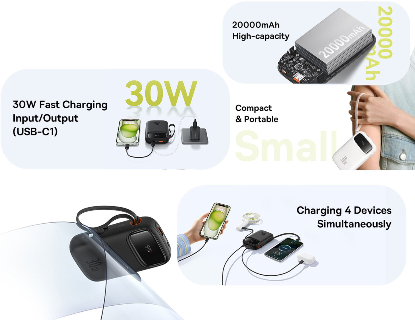 Power bank with charging capabilities and features highlighted on a white background