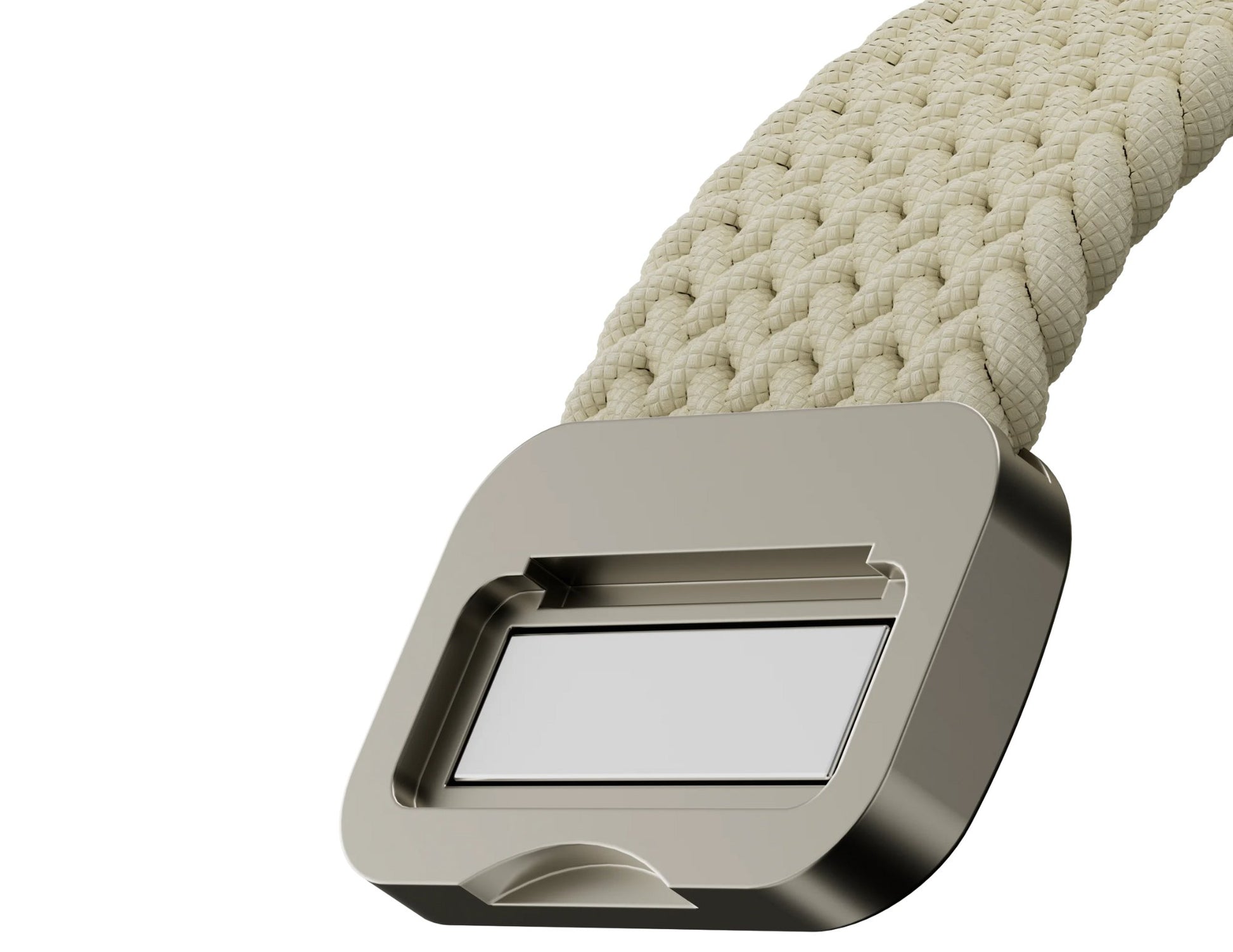 Close-up of a beige rope with a metal buckle on a white background.