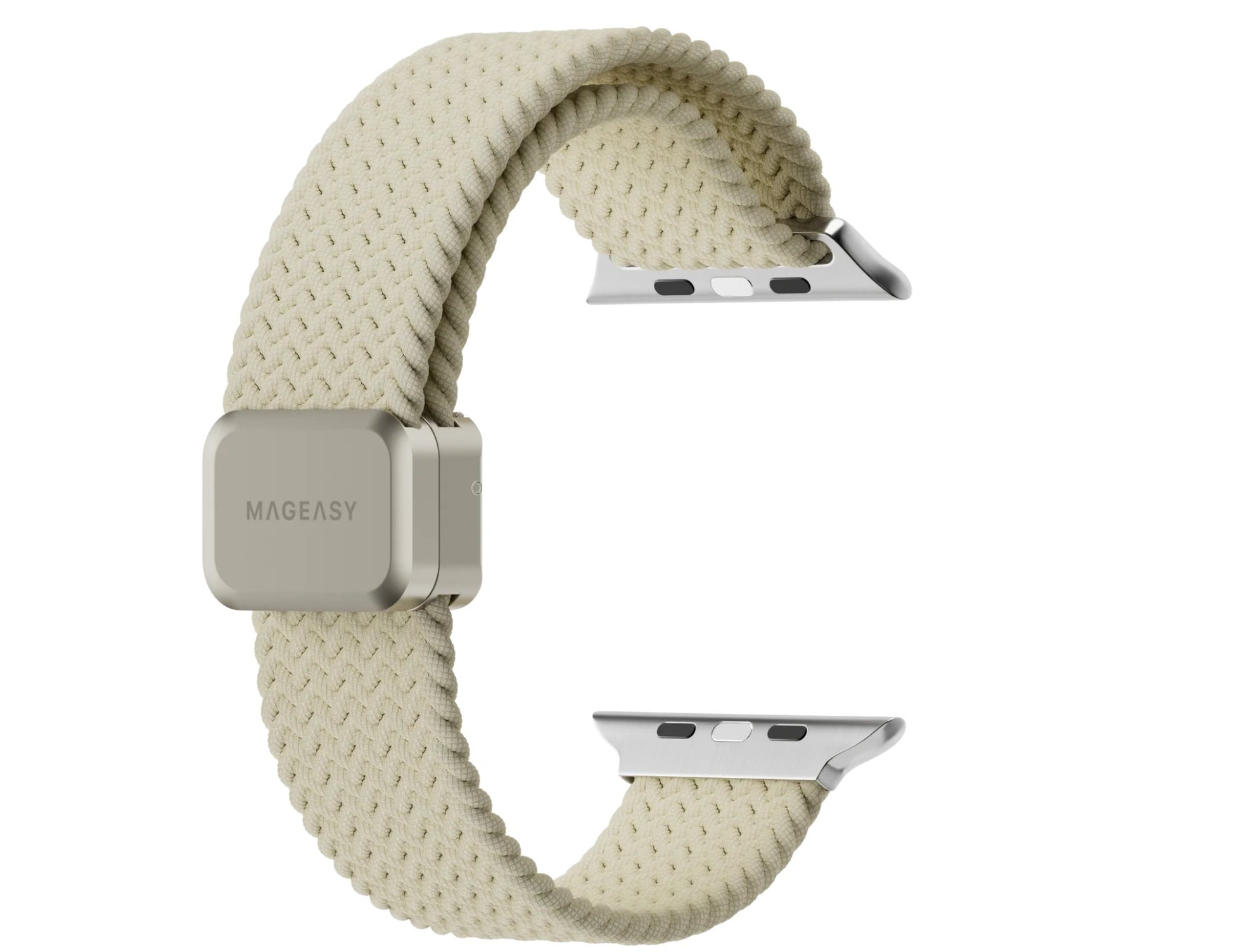 An Apple Watch with a beige braided nylon loop band and a silver metal clasp, showcasing the watch face and the texture of the band.