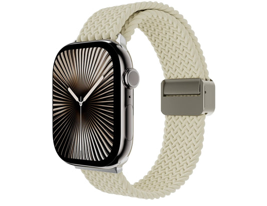 An Apple Watch with a beige braided nylon loop band and a silver metal clasp, showcasing the watch face and the texture of the band.