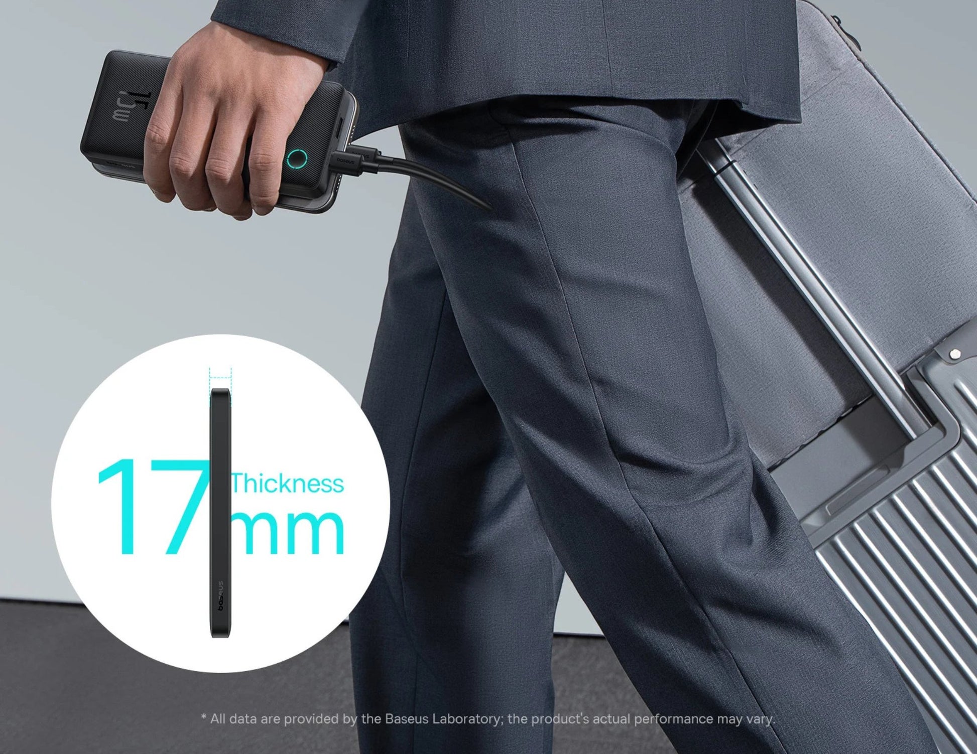 Person holding a power bank with a suitcase, emphasizing 17mm thickness.