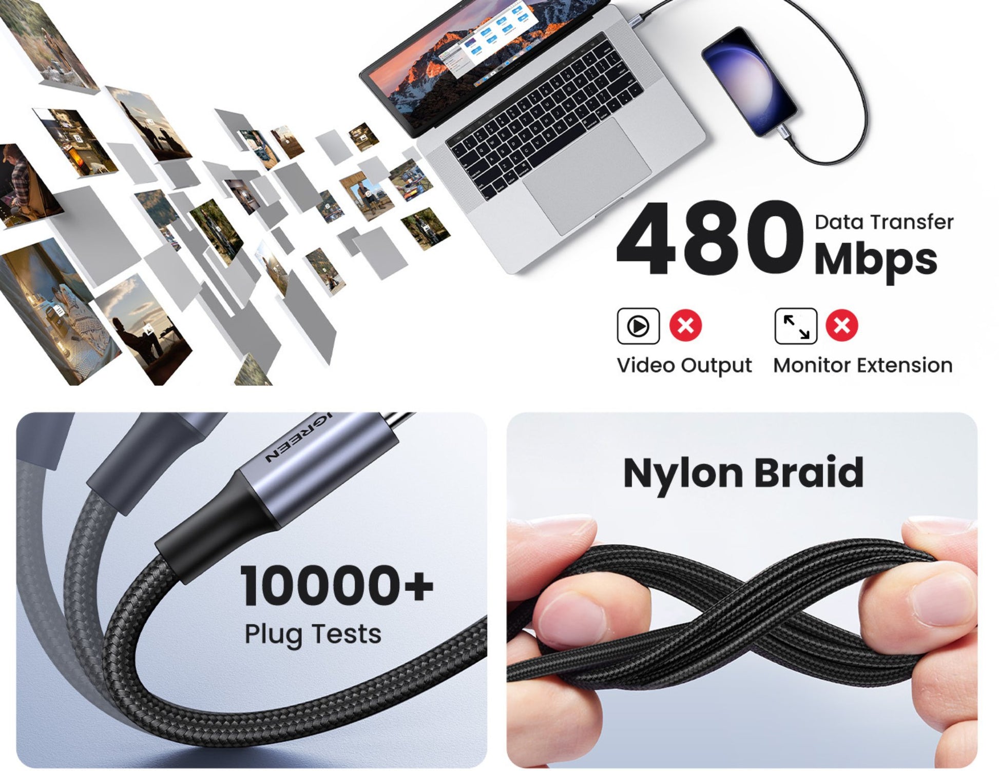 Laptop and smartphone connected to UGREEN USB-C to USB-C PD Fast Charging Cable 60W 1M Braided Nylon – US261 with technical specifications on a white background
