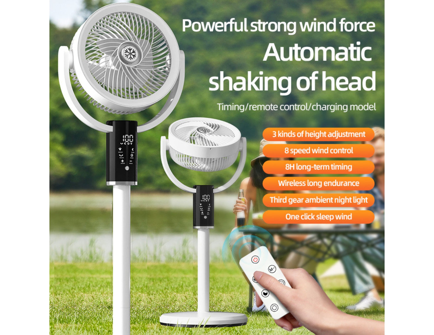 White standing fan with remote control on a grassy background